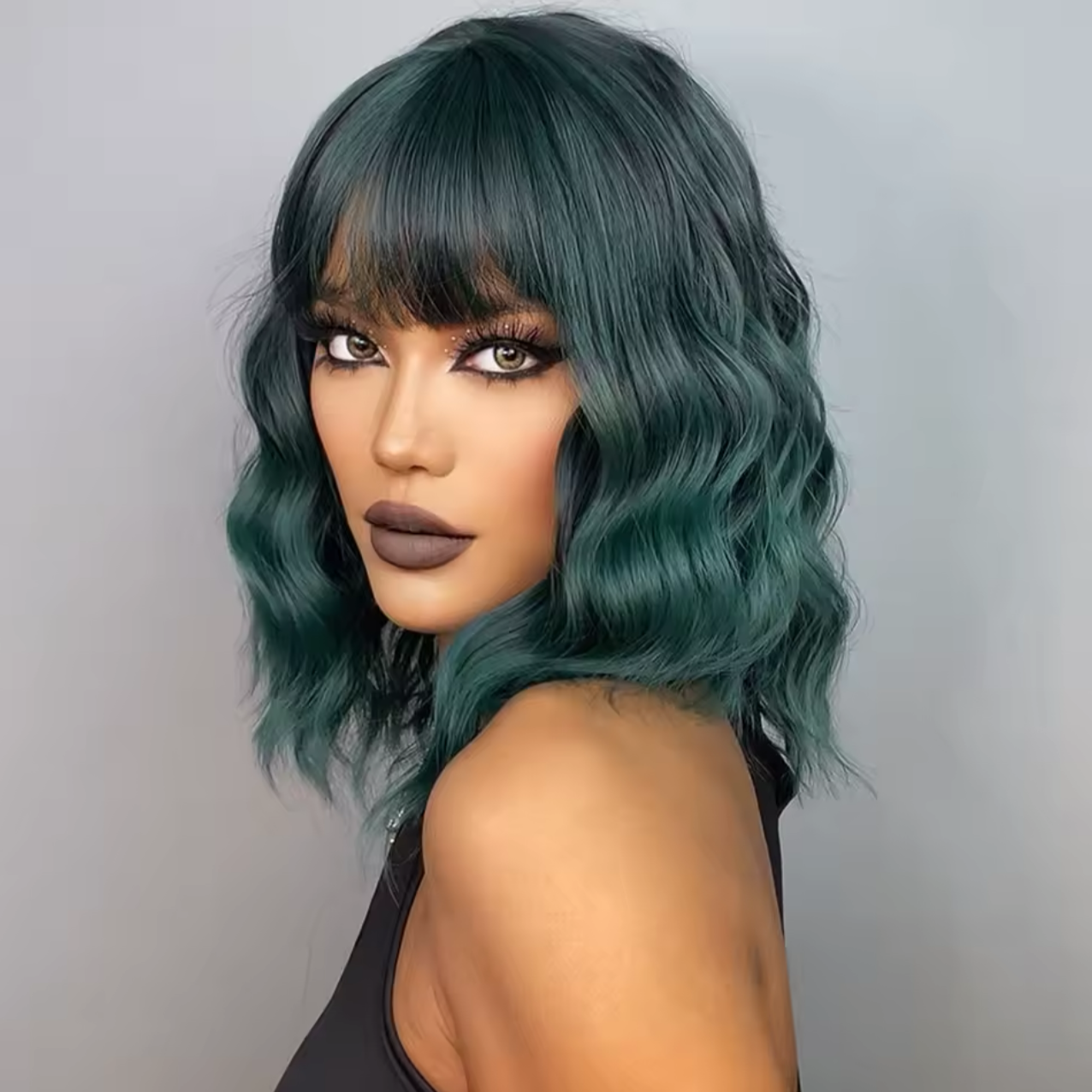 Green Water Wave Bob Wig with Bangs