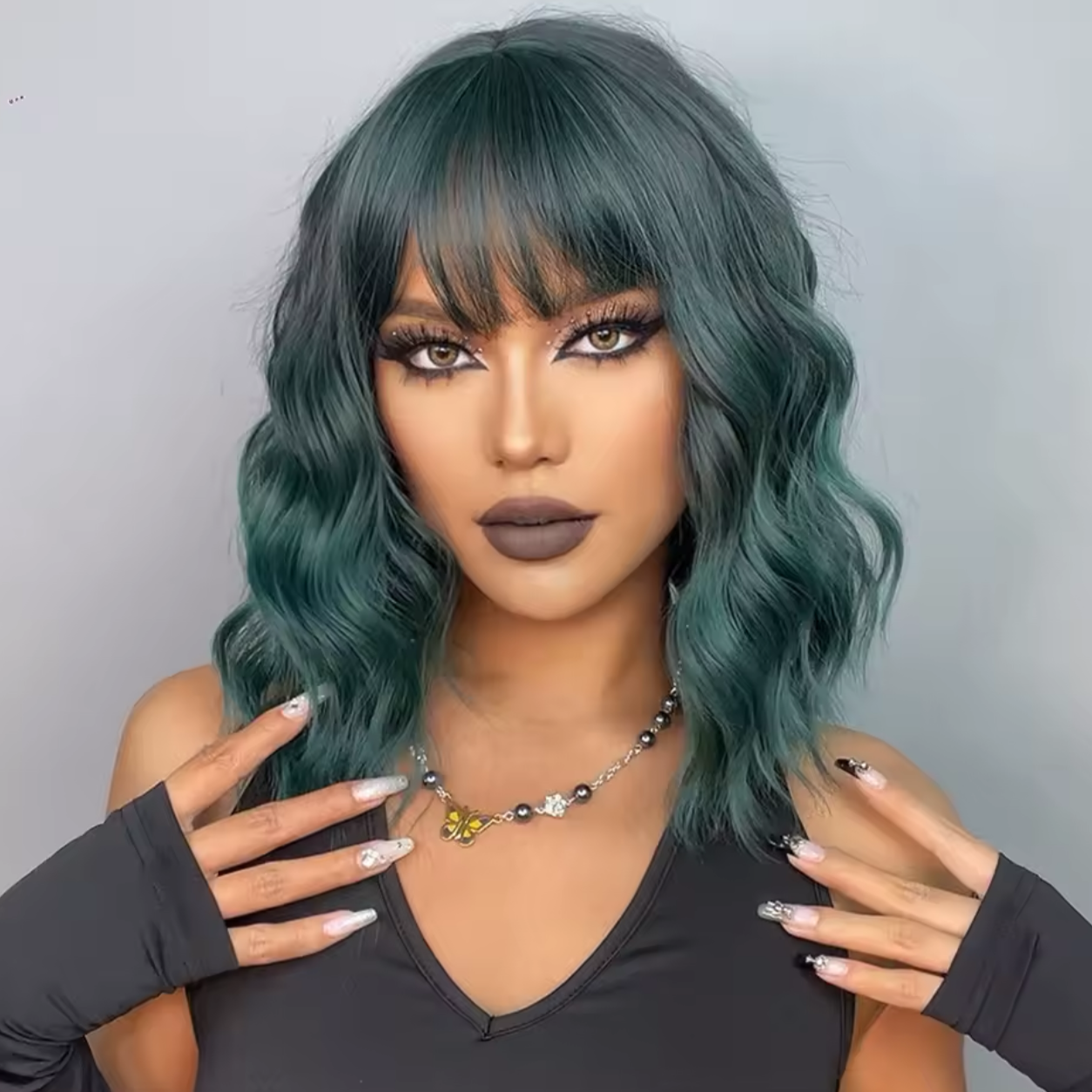 Green Water Wave Bob Wig with Bangs